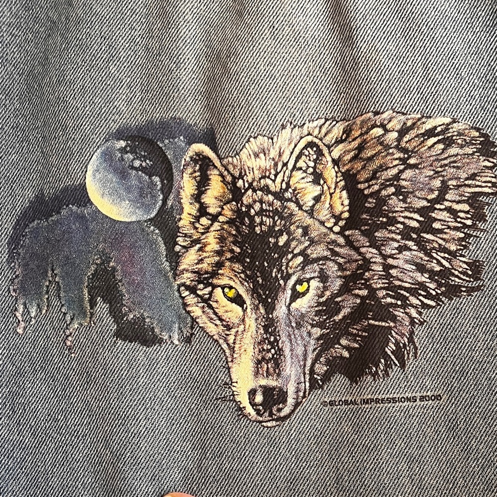 VTG Y2K Bugle Boy Millennium Series Denim Jacket Wolf on Back SZ XL Fade Wash